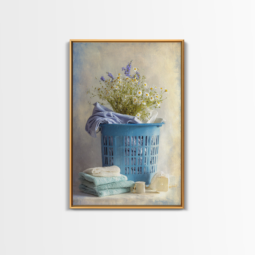 Blue Laundry Basket Framed Canvas Print, Laundry Room Art, Wall Art Print, Living Room Decor, Oil Painting, Clean, LRA-2x3-85