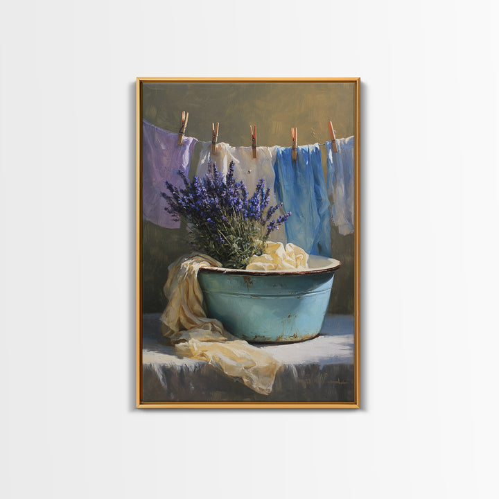 Old Enamel Basin Filled Framed Canvas Print, Laundry Room Art, Artwork, Living Room Decor, Fine Art, Clean, Minimalist Wall Art, LRA-2x3-88