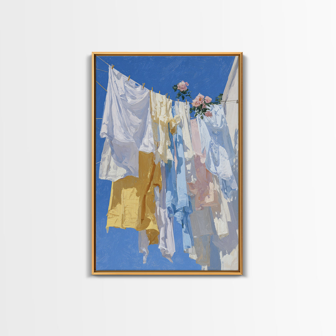 Clothesline with White Linens Blowing in Sunshine Canvas Print, Laundry Room Art, Living Room Decor, Abstract Art, Clean, LRA-2x3-9
