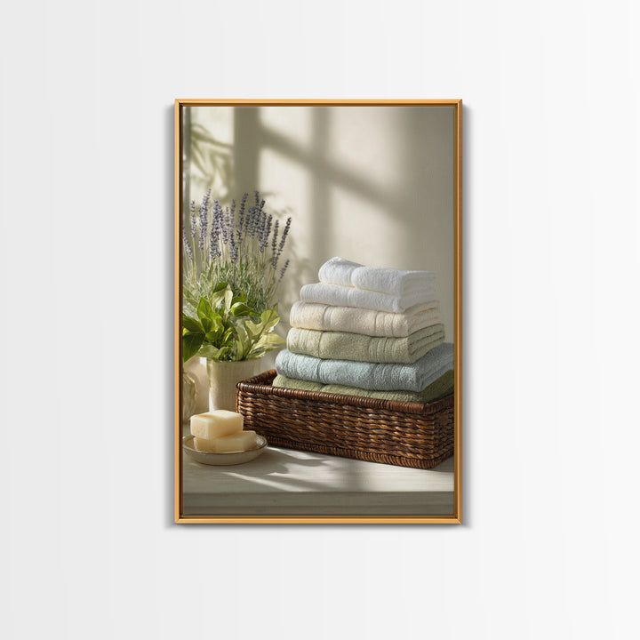Basket of Folded Towels Framed Canvas Print, Laundry Room Art, Digital Print, Living Room Decor, Clean, Custom Wall Art, LRA-2x3-94
