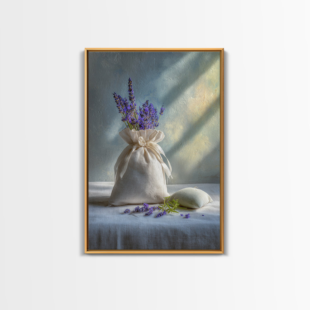Lavender Sachet and Ribbon Still Life Framed Canvas Print, Laundry Room Art, Farmhouse Decor, Living Room Decor, Clean, LRA-2x3-97