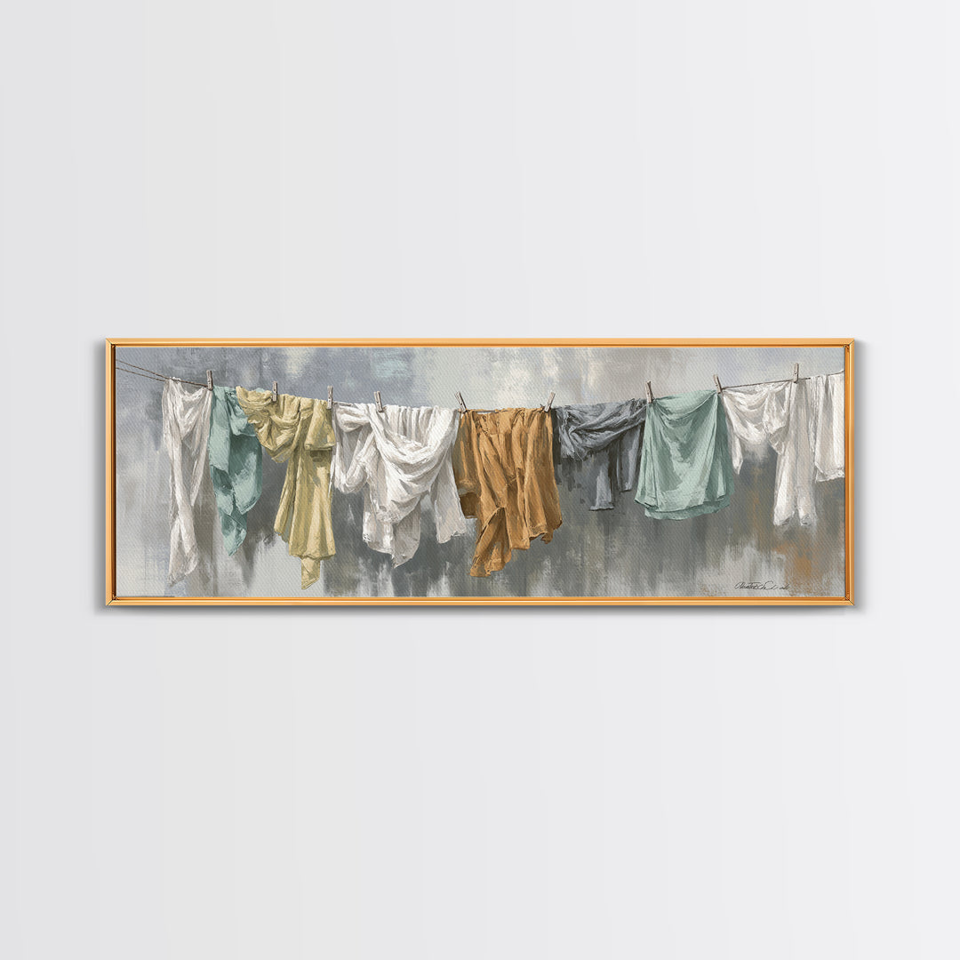Clothesline with White Linens Blowing in Sunshine Canvas Print, Laundry Room Art, Farmhouse Wall Decor, Living Room Decor, LRA-3x1-17