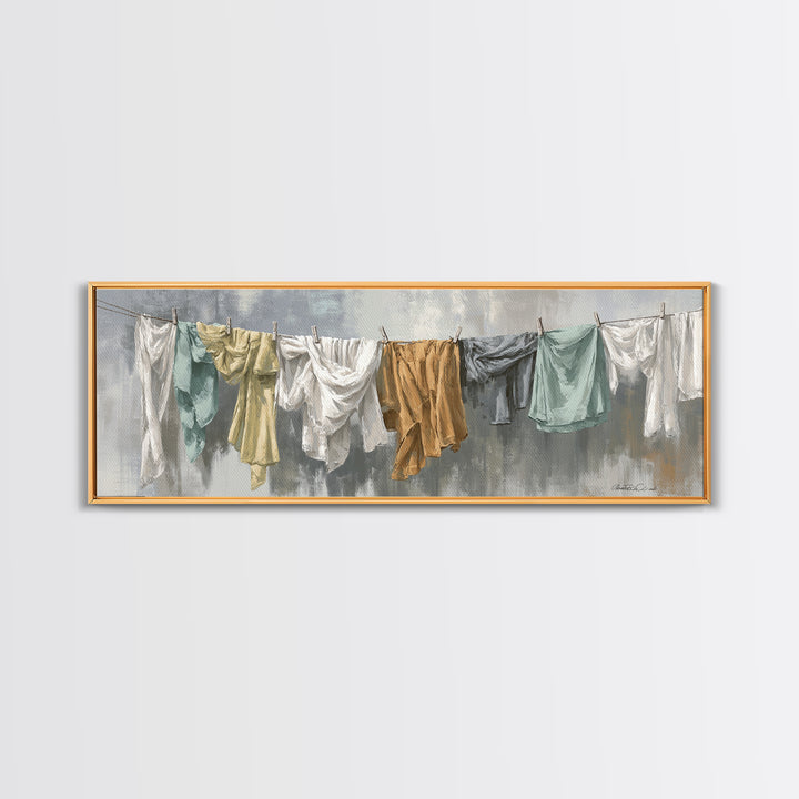 Clothesline with White Linens Blowing in Sunshine Canvas Print, Laundry Room Art, Farmhouse Wall Decor, Living Room Decor, LRA-3x1-17