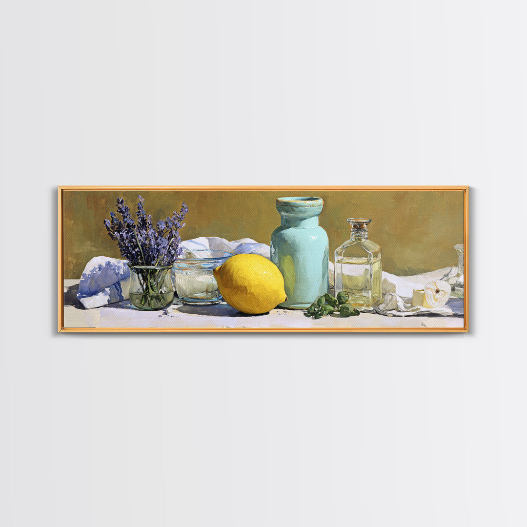 Lemon and Clean Linen Still Life Canvas Print, Laundry Room Art, Statement Artwork, Living Room Decor, Abstract Art, Clean, LRA-3x1-19