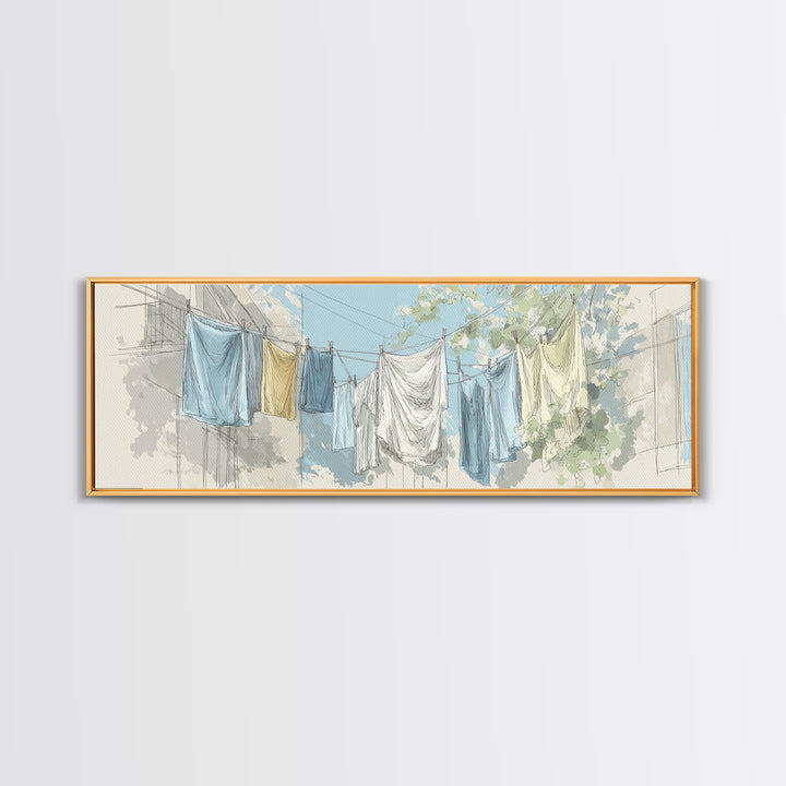 Simple Line Drawing of Hanging Laundry Framed Canvas Print, Laundry Room Art, Digital Art Print, Living Room Decor, LRA-3x1-32