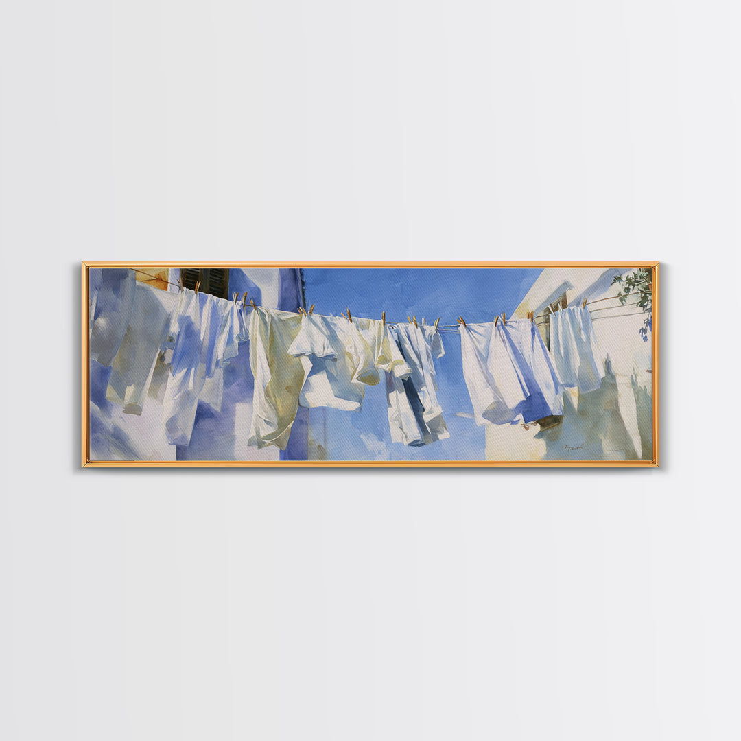 Clothesline with White Linens Blowing in Sunshine Canvas Print, Laundry Room Art, Downloadable Art, Living Room Decor, Clean, LRA-3x1-41
