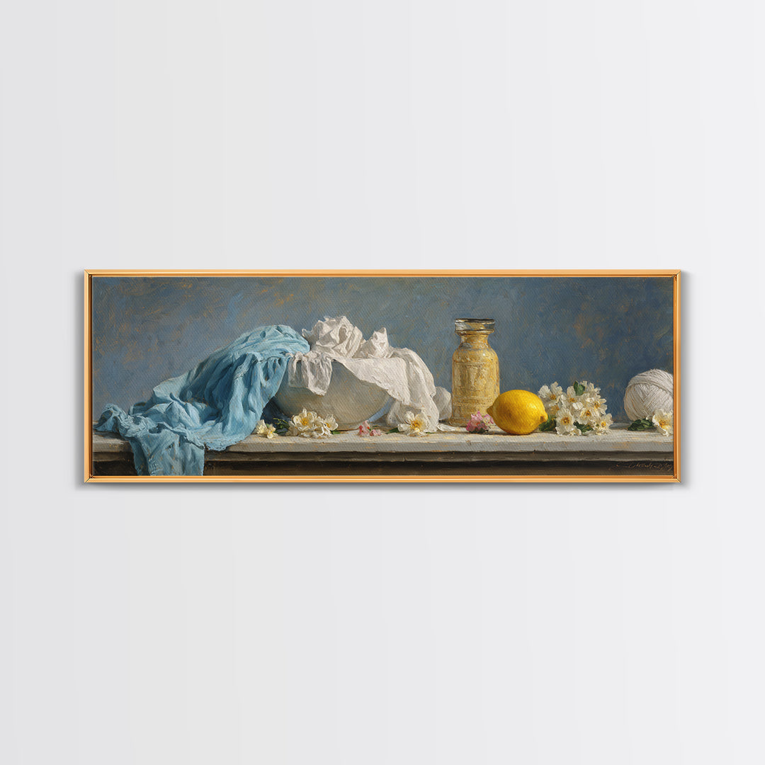 Lemon and Clean Linen Still Life Canvas Print, Laundry Room Art, Living Room Decor, Abstract Art, Clean, Wall Art Print, LRA-3x1-43