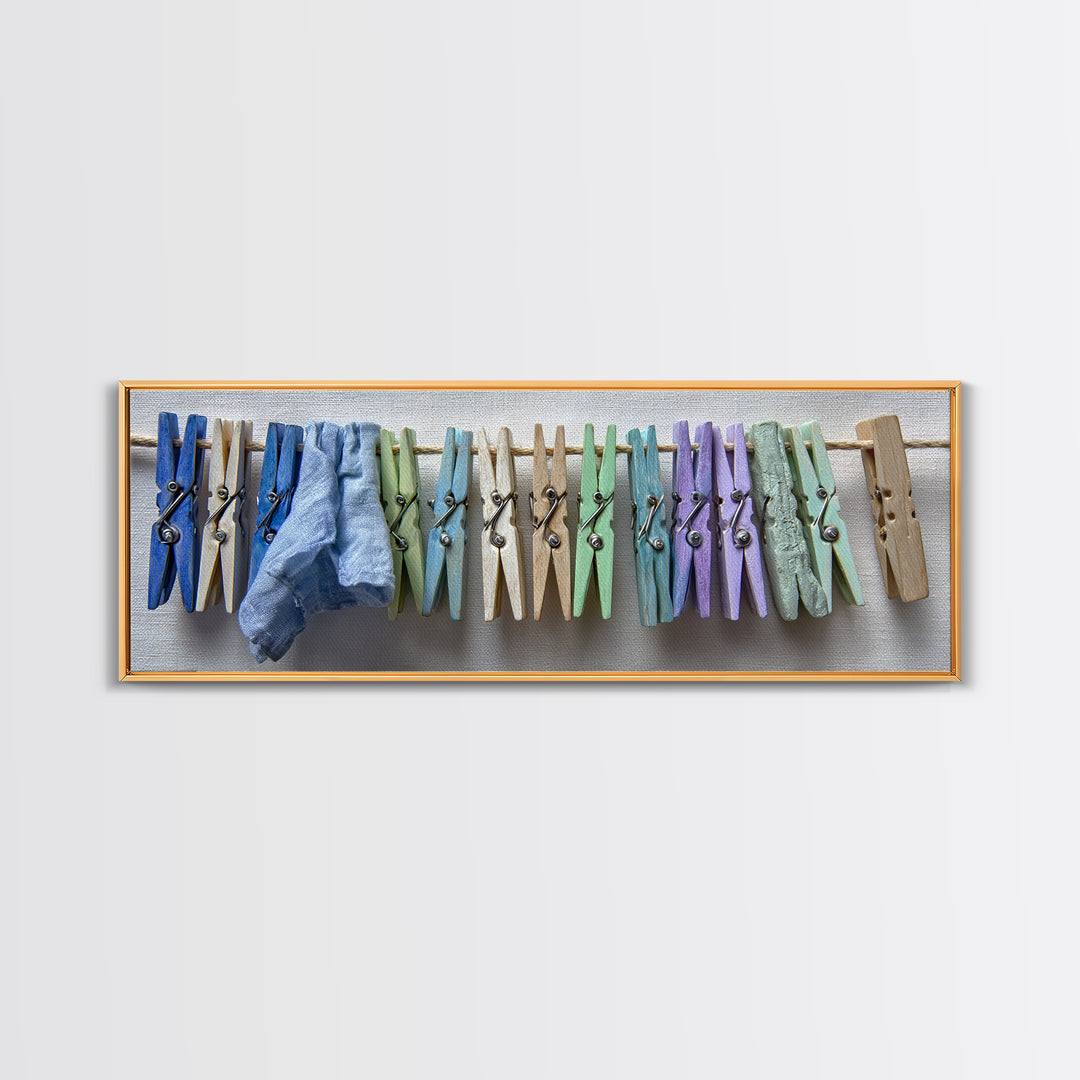 Cheerful Clothespins Arranged as Pattern Framed Canvas Print, Laundry Room Art, Neutral Decor, Living Room Decor, Clean, LRA-3x1-44