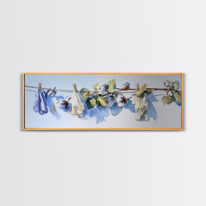 Fresh Cotton Branch Botanical Study Framed Canvas Print, Laundry Room Art, Digital Art, Living Room Decor, Fine Art, Clean, LRA-3x1-47