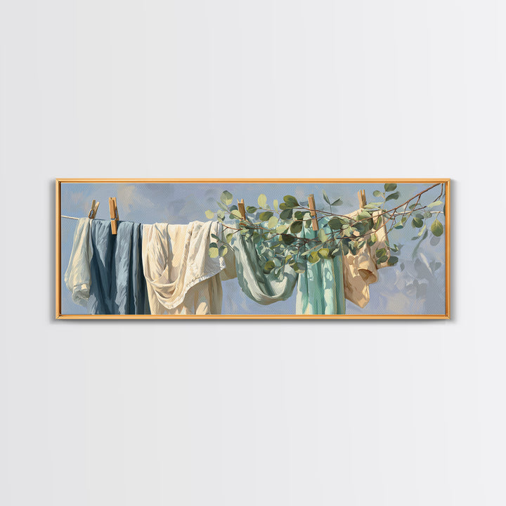 Sunlit White Towels and Eucalyptus Branch Canvas Print, Laundry Room Art, Printable Wall Art, Living Room Decor, Clean, LRA-3x1-51