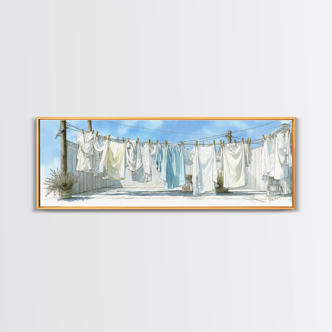 Simple Line Drawing of Hanging Laundry Framed Canvas Print, Laundry Room Art, Textured Painting, Living Room Decor, Clean, LRA-3x1-56