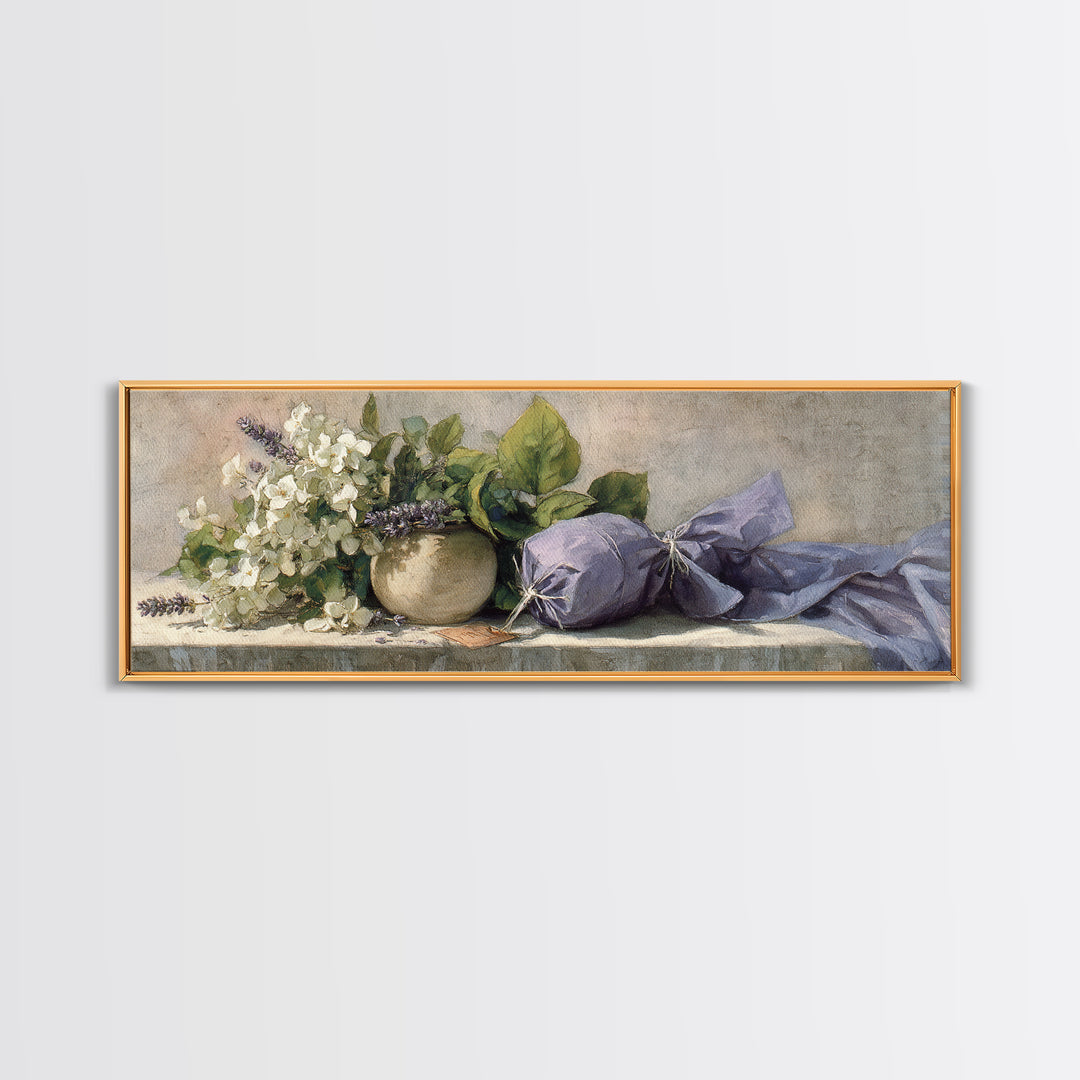 Lavender Sachet and Ribbon Still Life Framed Canvas Print, Laundry Room Art, Farmhouse Wall Art, Living Room Decor, Clean, LRA-3x1-57