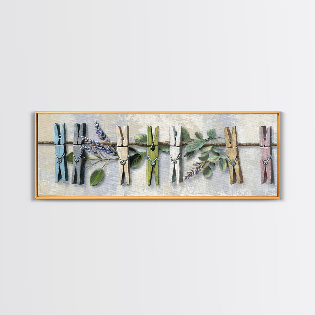 Clothespin Bouquet in Folk Art Style Framed Canvas Print, Laundry Room Art, Boho Decor, Living Room Decor, Fine Art, Clean, LRA-3x1-60