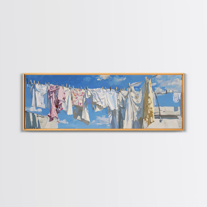 Clothesline with White Linens Blowing in Sunshine Canvas Print, Laundry Room Art, Downloadable Art, Living Room Decor, Clean, LRA-3x1-65
