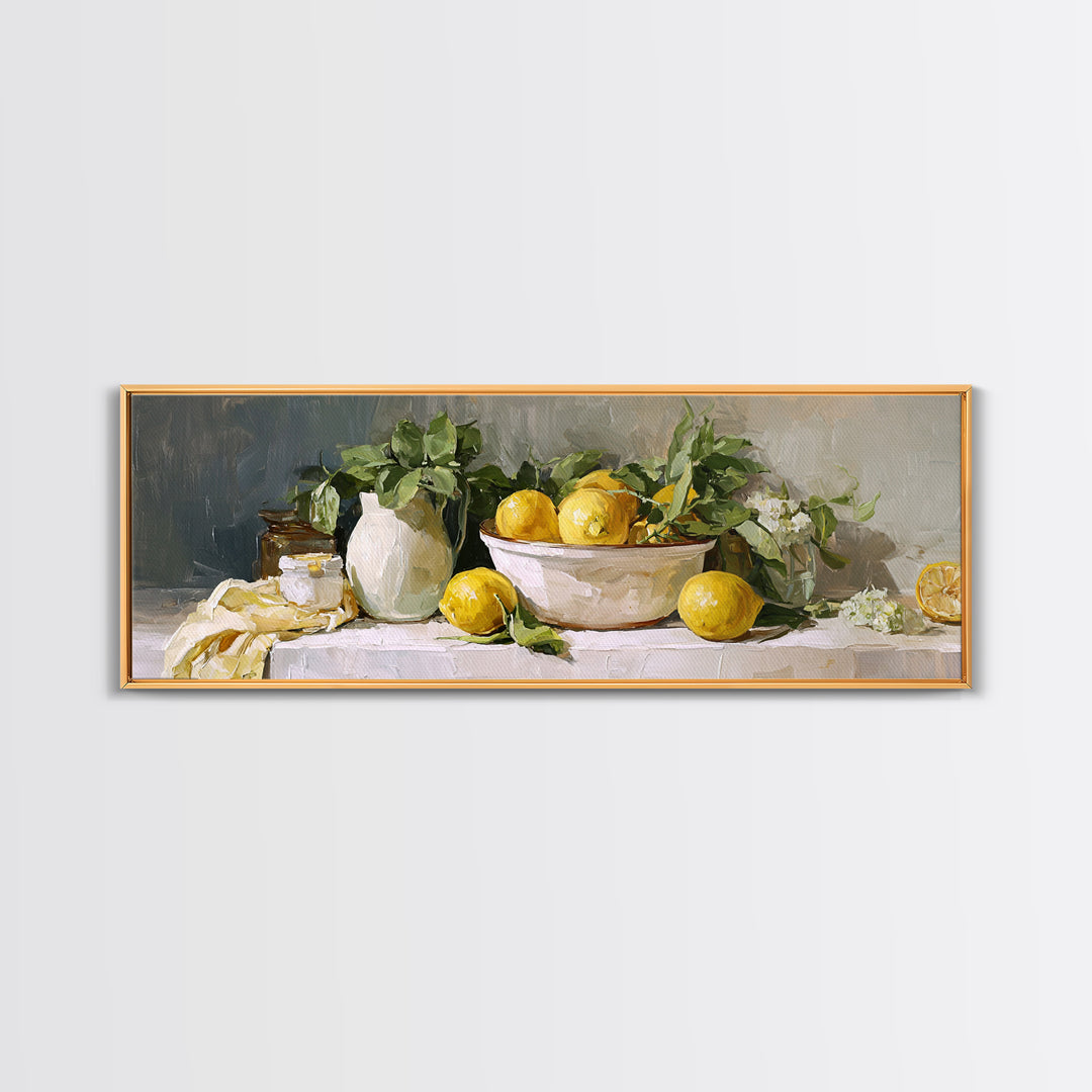 Lemon and Clean Linen Still Life Framed Canvas Print, Laundry Room Art, Digital Print, Living Room Decor, Fine Art, Clean, LRA-3x1-67