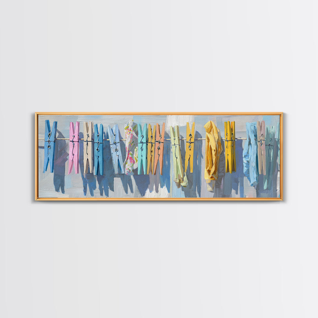 Cheerful Clothespins Arranged as Pattern Canvas Print, Laundry Room Art, Living Room Decor, Clean, Minimalist Wall Art, LRA-3x1-68