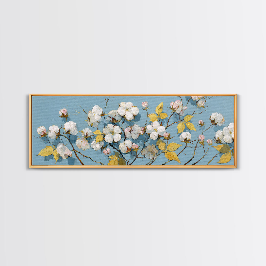 Fresh Cotton Branch Botanical Study Canvas Print, Laundry Room Art, New Home Gift, Living Room Decor, Oil Painting, Clean, LRA-3x1-71