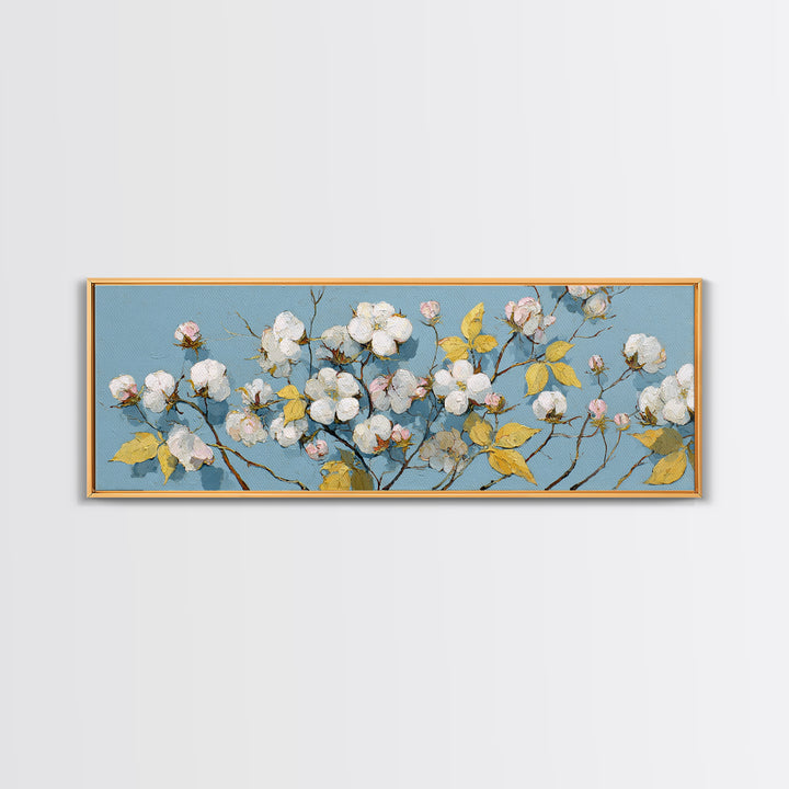 Fresh Cotton Branch Botanical Study Canvas Print, Laundry Room Art, New Home Gift, Living Room Decor, Oil Painting, Clean, LRA-3x1-71