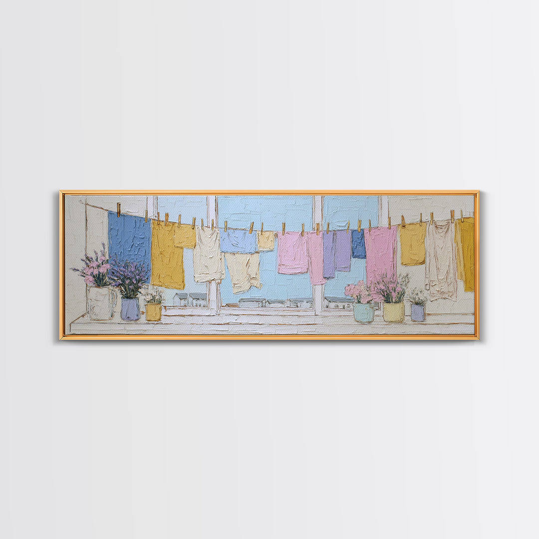 Simple Line Drawing of Hanging Laundry Canvas Print, Laundry Room Art, Downloadable Art, Living Room Decor, Abstract Art, Clean, LRA-3x1-8