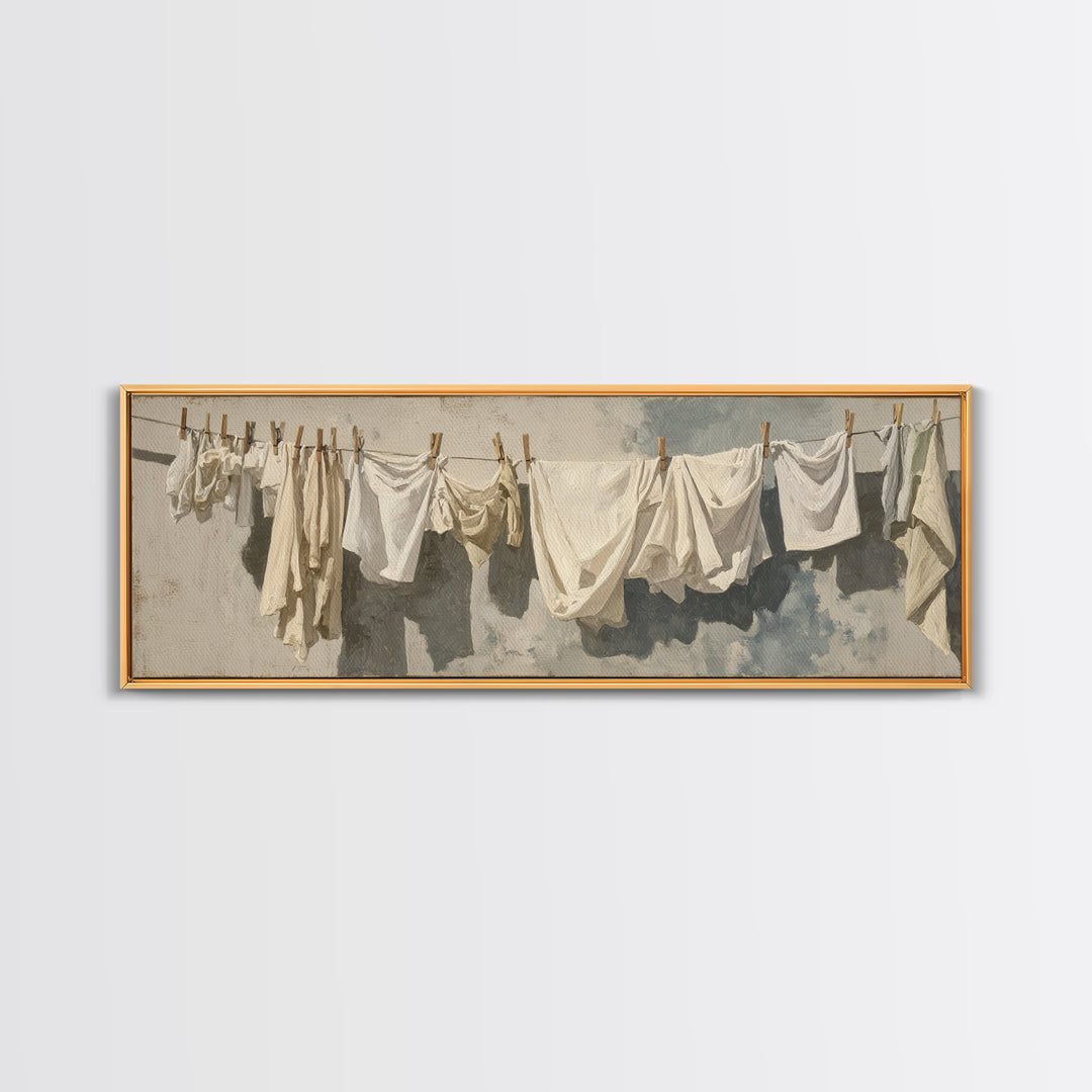 Clothesline with White Linens Blowing in Sunshine Canvas Print, Laundry Room Art, Digital Art Print, Living Room Decor, Clean, LRA-3x1-89