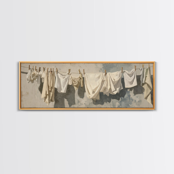 Clothesline with White Linens Blowing in Sunshine Canvas Print, Laundry Room Art, Digital Art Print, Living Room Decor, Clean, LRA-3x1-89