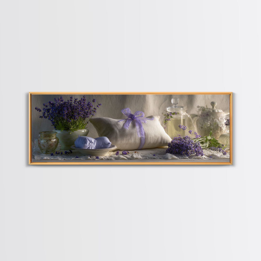 Lavender Sachet and Ribbon Still Life Framed Canvas Print, Laundry Room Art, Printable Art, Living Room Decor, Fine Art, Clean, LRA-3x1-9