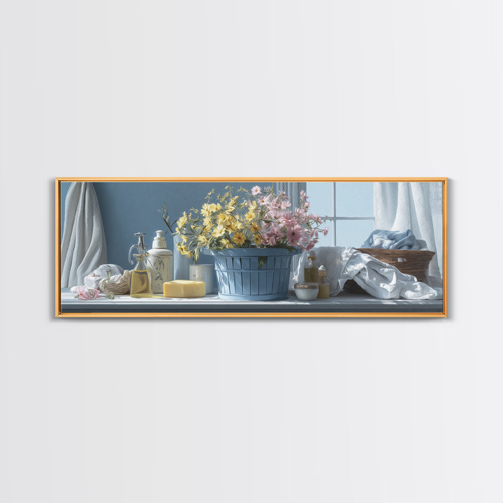 Blue Laundry Basket Canvas Print, Laundry Room Art, Funny Poster, Living Room Decor, Oil Painting, Clean, Minimalist Decor, LRA-3x1-93