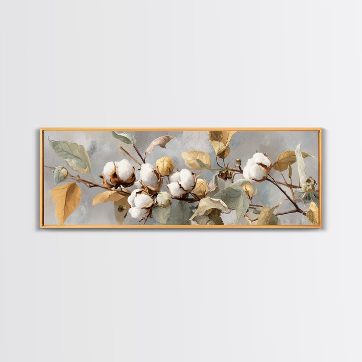 Fresh Cotton Branch Botanical Study Canvas Print, Laundry Room Art, Textured Painting, Living Room Decor, Fine Art, Clean, LRA-3x1-95