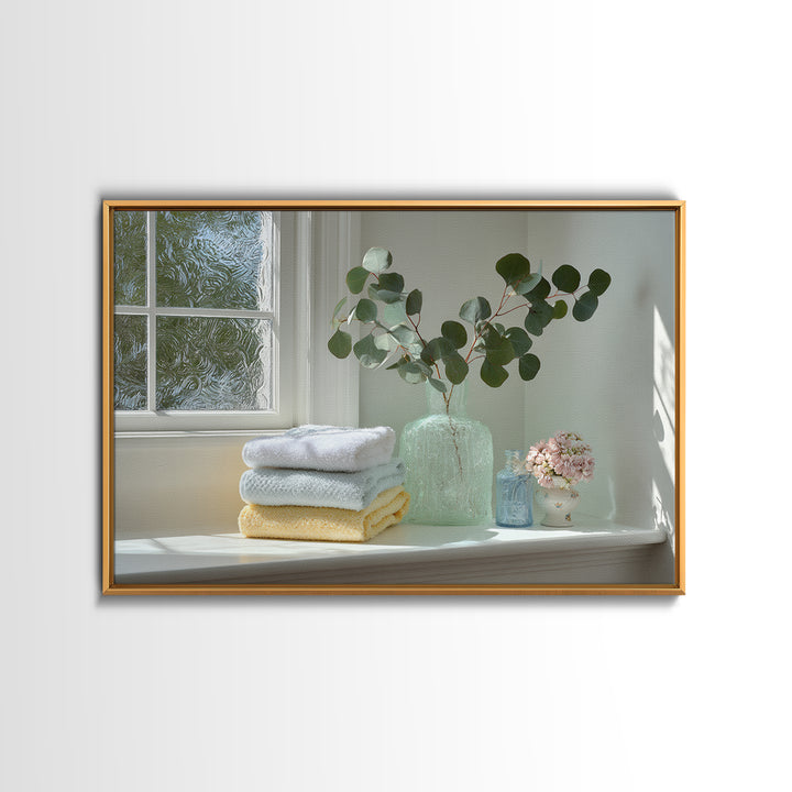 Sunlit White Towels and Eucalyptus Branch Framed Canvas Print, Laundry Room Art, New Home Gift, Living Room Decor, LRA-3x2-15