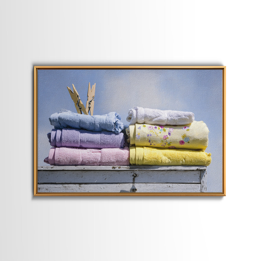 Basket of Folded Towels Framed Canvas Print, Laundry Room Art, Digital Print, Living Room Decor, Clean, Custom Wall Art, LRA-3x2-18