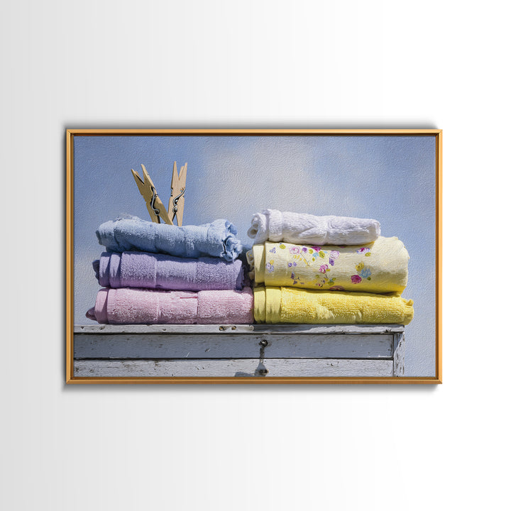 Basket of Folded Towels Framed Canvas Print, Laundry Room Art, Digital Print, Living Room Decor, Clean, Custom Wall Art, LRA-3x2-18