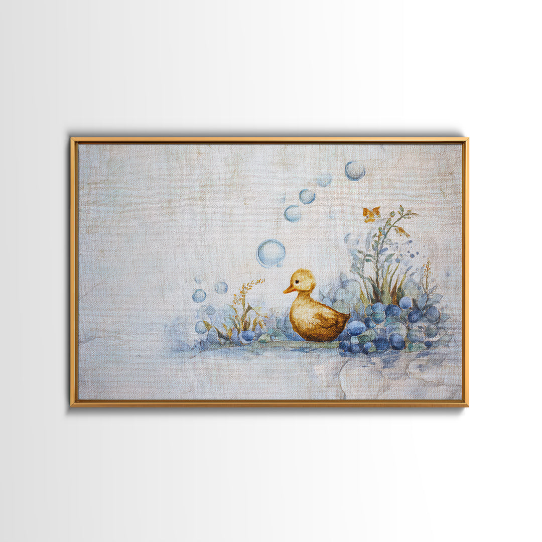 Duck and Bubbles Whimsical Watercolor Framed Canvas Print, Laundry Room Art, Downloadable Art, Living Room Decor, Clean, LRA-3x2-19