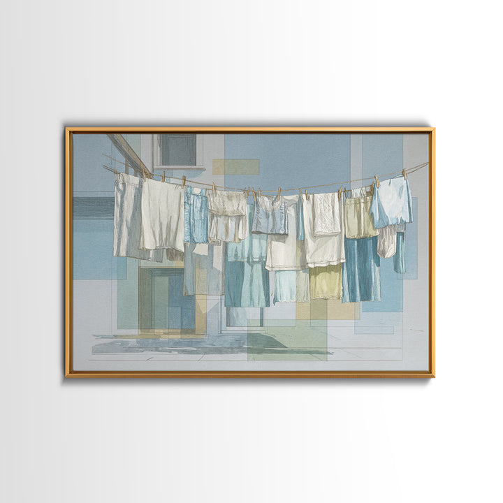 Simple Line Drawing of Hanging Laundry Framed Canvas Print, Laundry Room Art, Wall Art Print, Living Room Decor, Abstract Art, LRA-3x2-20