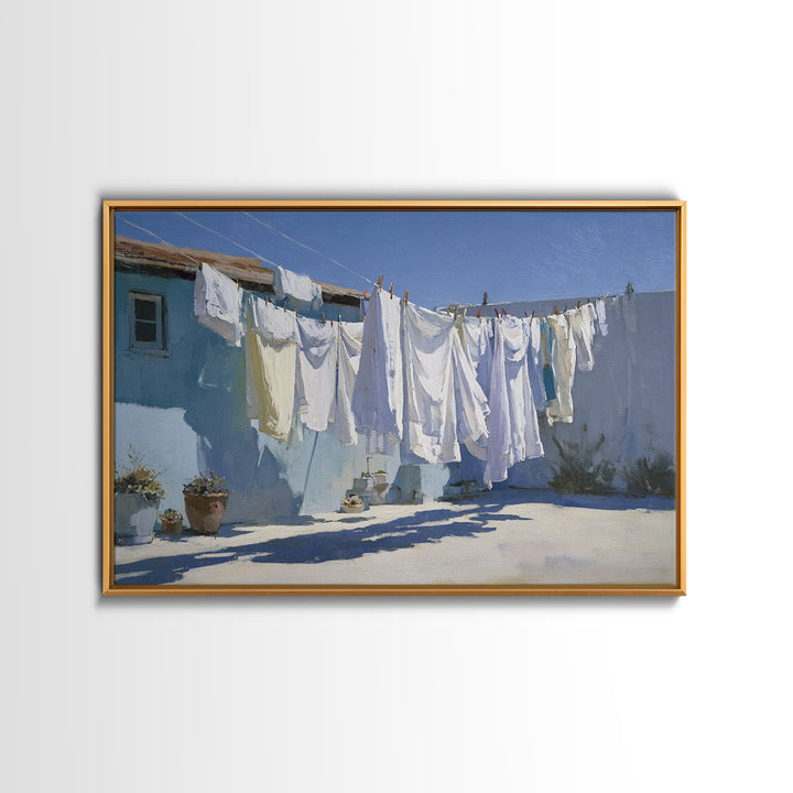 Clothesline with White Linens Blowing in Sunshine Canvas Print, Laundry Room Art, Gallery Wall Prints, Living Room Decor, Clean, LRA-3x2-29