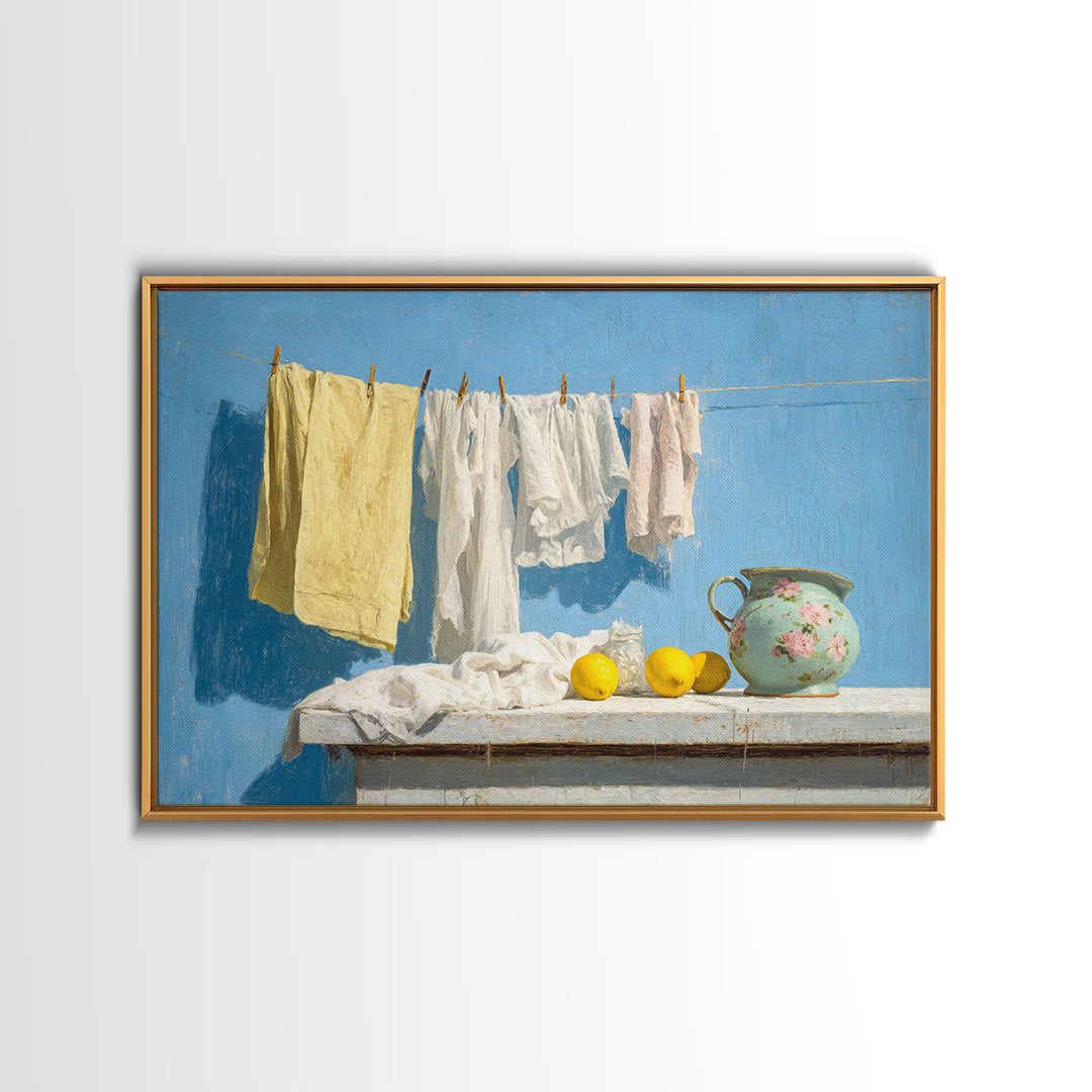 Lemon and Clean Linen Still Life Framed Canvas Print, Laundry Room Art, Living Room Decor, Abstract Art, Clean, LRA-3x2-31