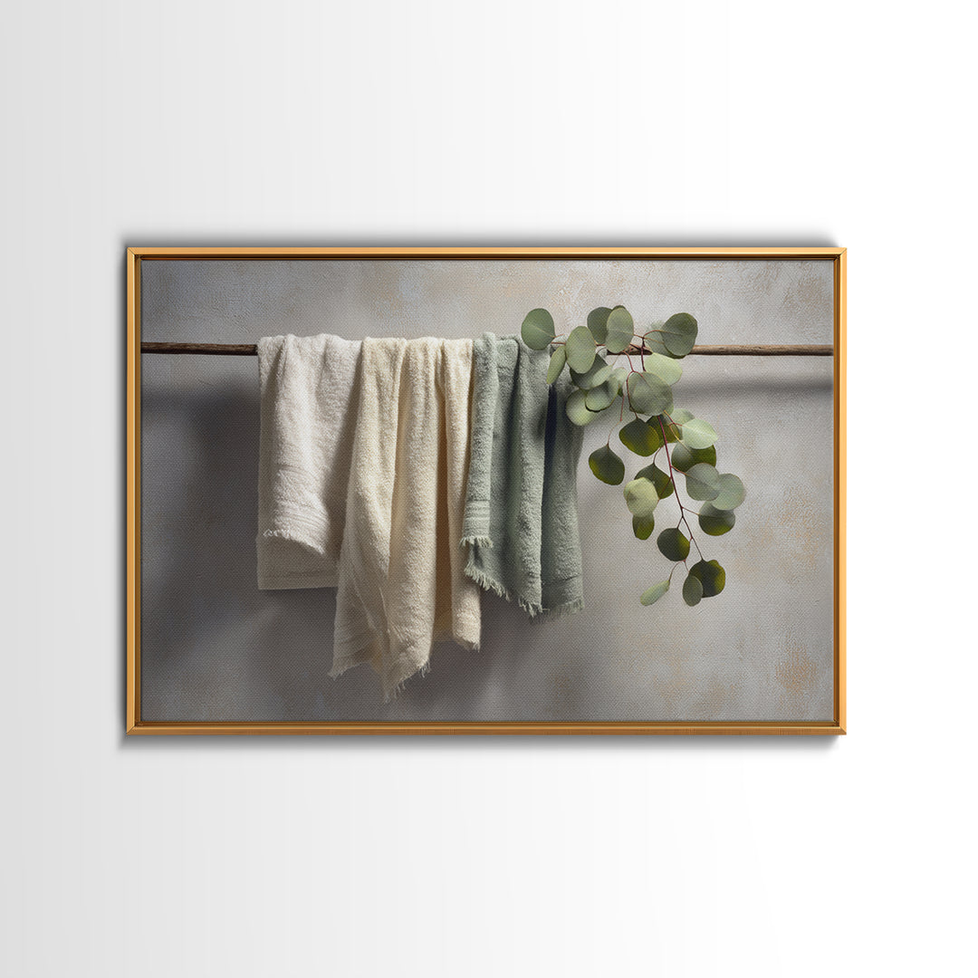 Sunlit White Towels and Eucalyptus Branch Framed Canvas Print, Laundry Room Art, Neutral Decor, Living Room Decor, LRA-3x2-39