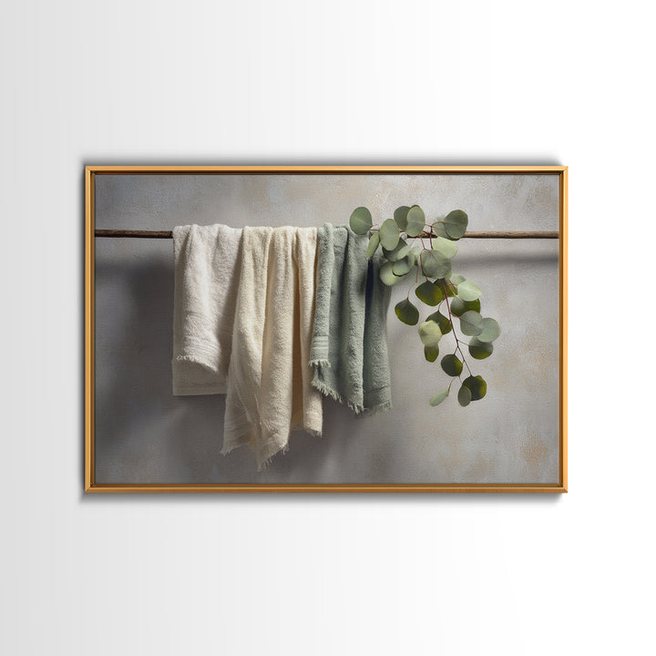 Sunlit White Towels and Eucalyptus Branch Framed Canvas Print, Laundry Room Art, Neutral Decor, Living Room Decor, LRA-3x2-39