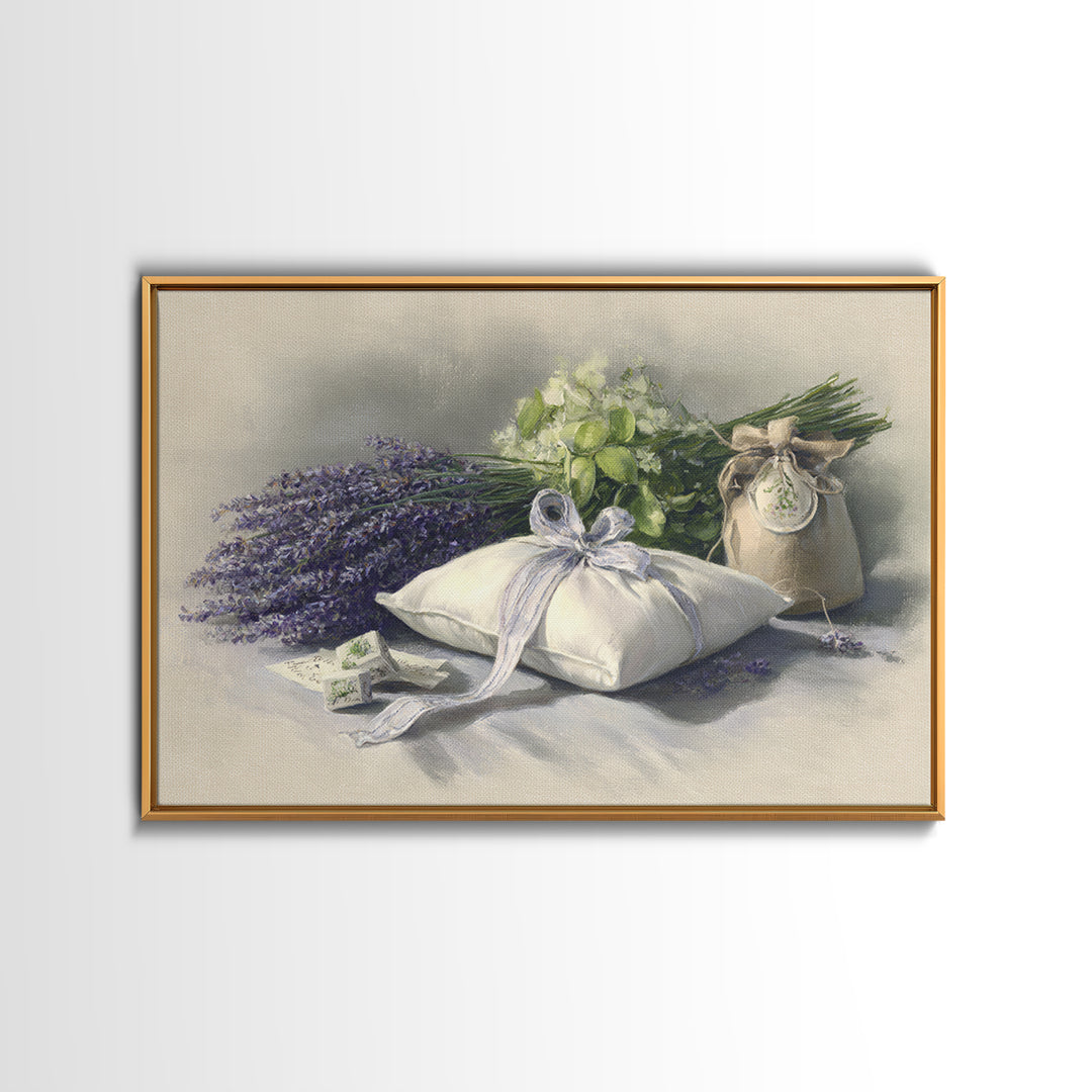 Lavender Sachet and Ribbon Still Life Framed Canvas Print, Laundry Room Art, Downloadable Art, Living Room Decor, Clean, LRA-3x2-45