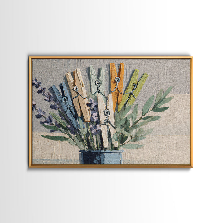 Clothespin Bouquet in Folk Art Style Canvas Print, Laundry Room Art, Farmhouse Wall Art, Living Room Decor, Fine Art, Clean, LRA-3x2-48