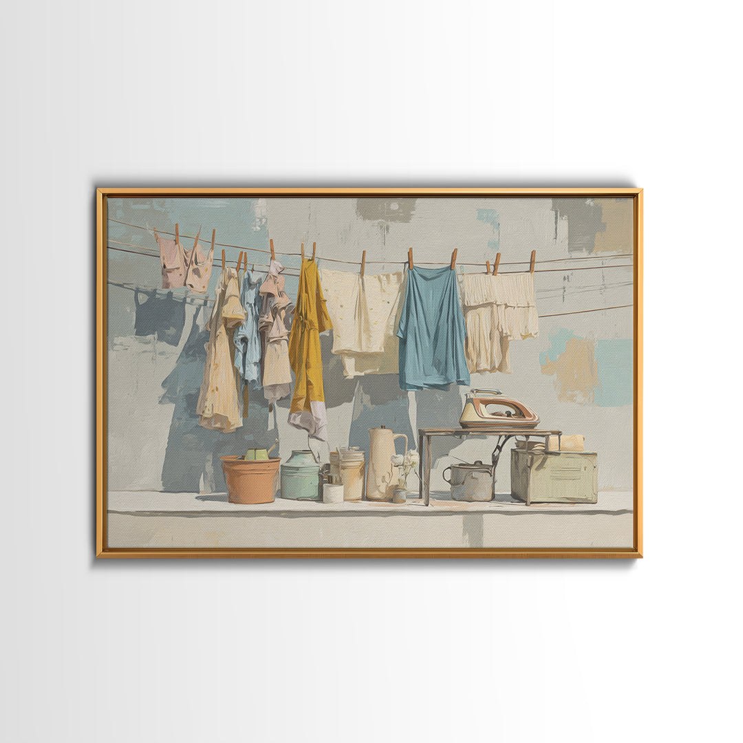 Retro Iron Illustration Canvas Print, Laundry Room Art, Farmhouse Wall Art, Living Room Decor, Oil Painting, Clean, LRA-3x2-61