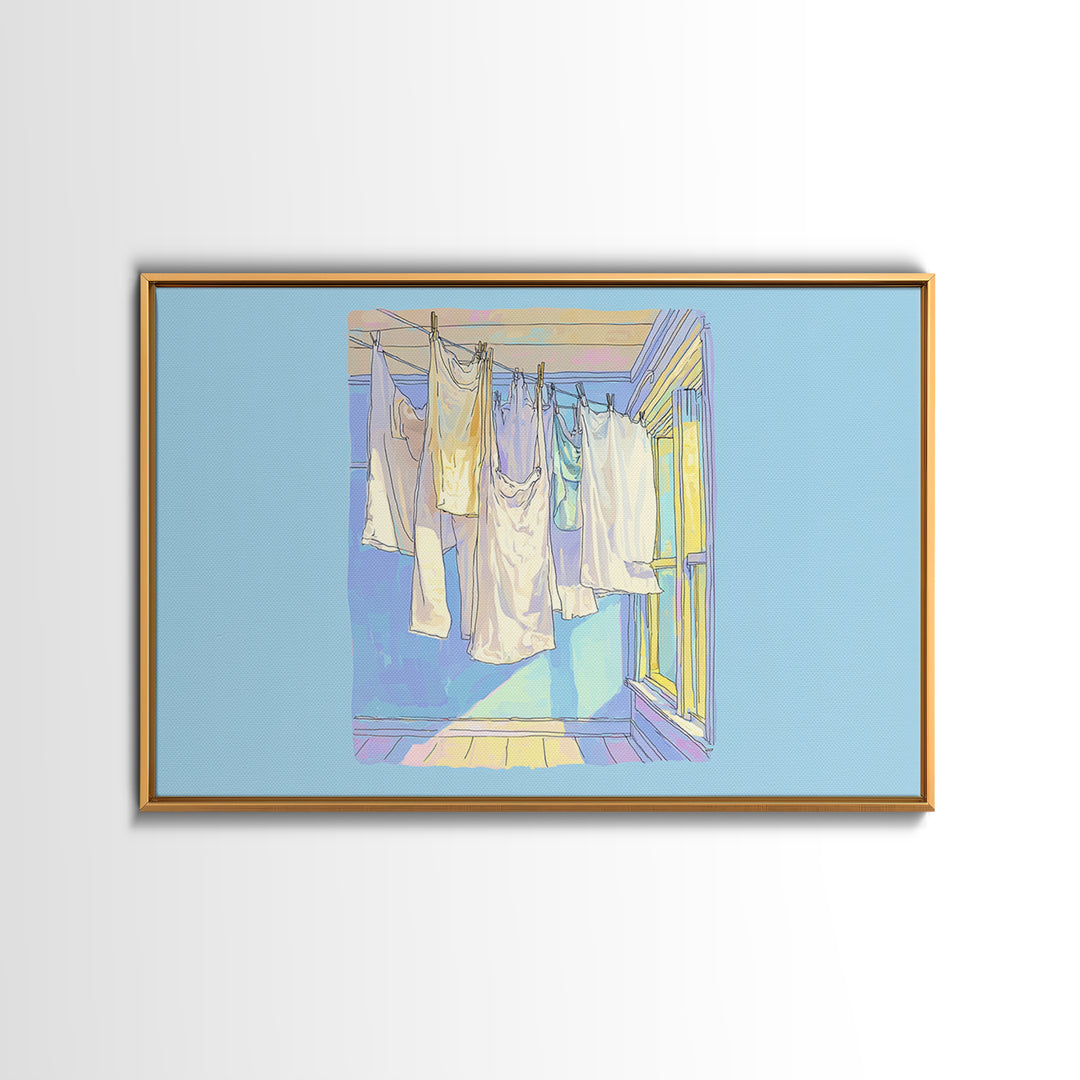 Simple Line Drawing of Hanging Laundry Canvas Print, Laundry Room Art, Neutral Decor, Living Room Decor, Fine Art, Clean, LRA-3x2-68