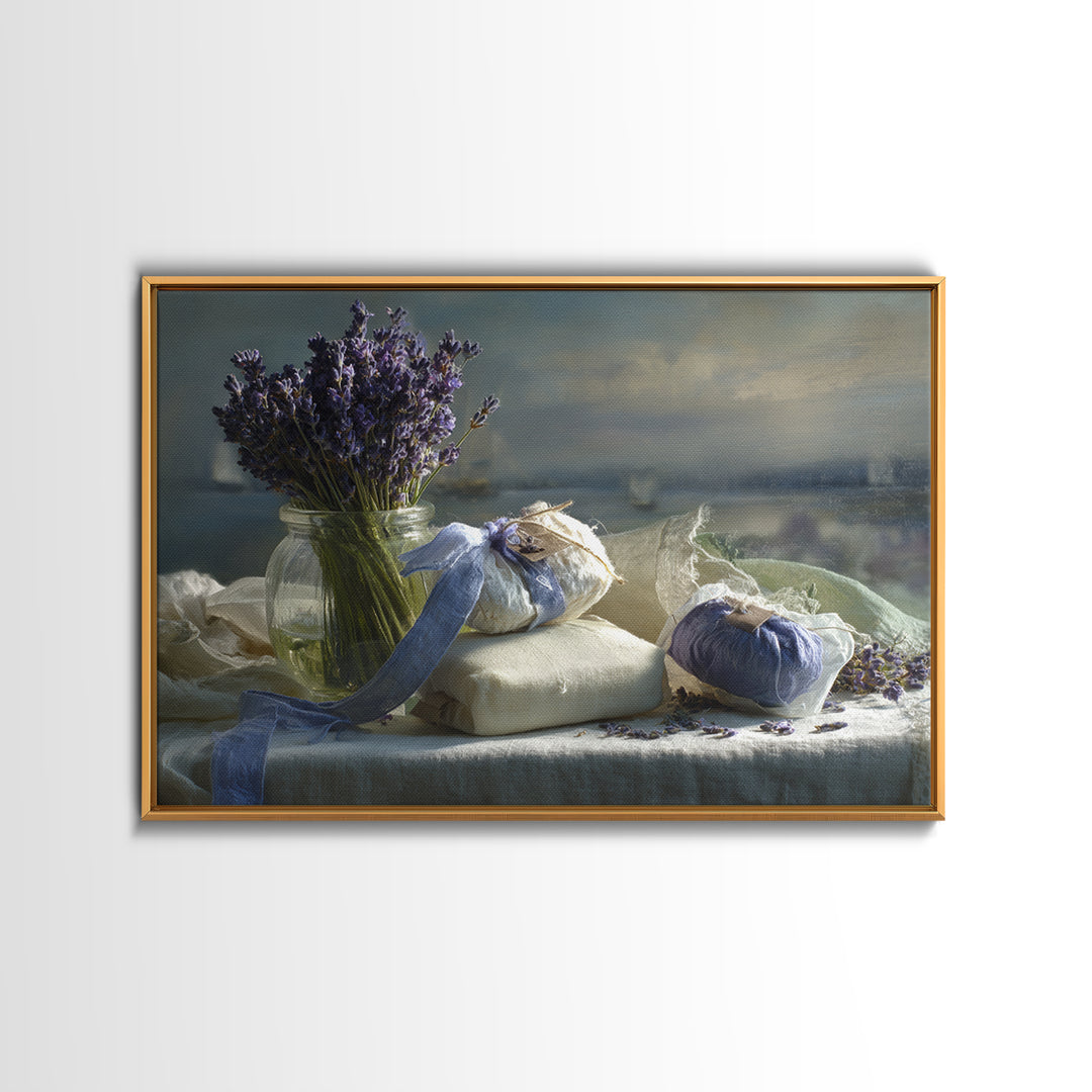 Lavender Sachet and Ribbon Still Life Framed Canvas Print, Laundry Room Art, Downloadable Art, Living Room Decor, Clean, LRA-3x2-69