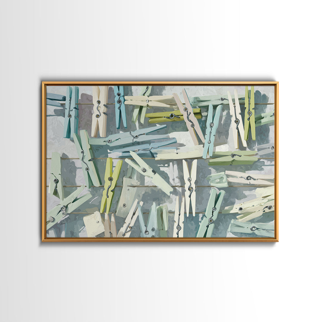 Cheerful Clothespins Arranged as Pattern Framed Canvas Print, Laundry Room Art, Farmhouse Decor, Living Room Decor, LRA-3x2-8