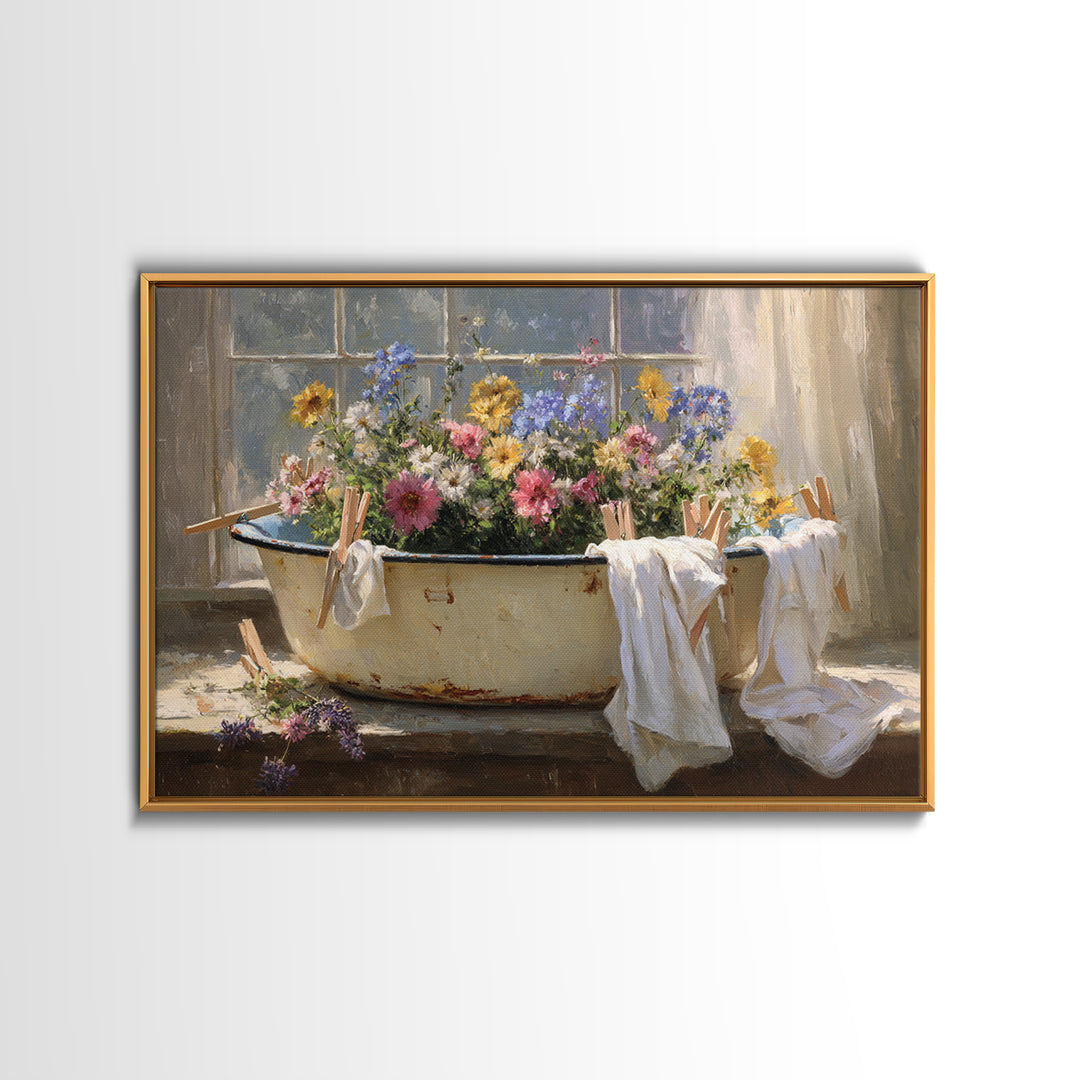 Old Enamel Basin Filled Canvas Print, Laundry Room Art, Boho Decor, Living Room Decor, Fine Art, Clean, Printable Wall Art, LRA-3x2-84