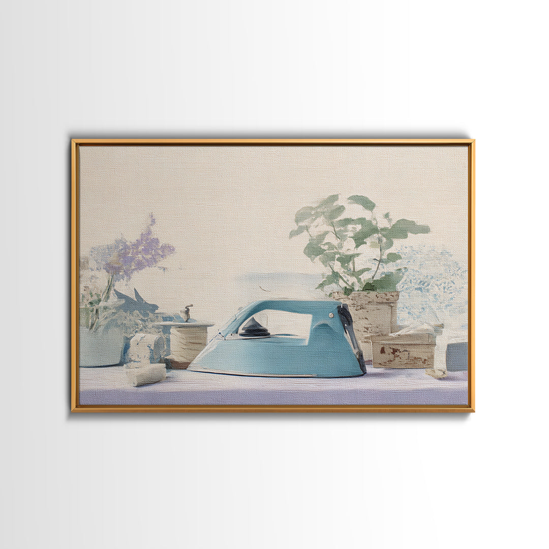 Retro Iron Illustration Framed Canvas Print, Laundry Room Art, Rustic Home Decor, Living Room Decor, Fine Art, Clean, LRA-3x2-85
