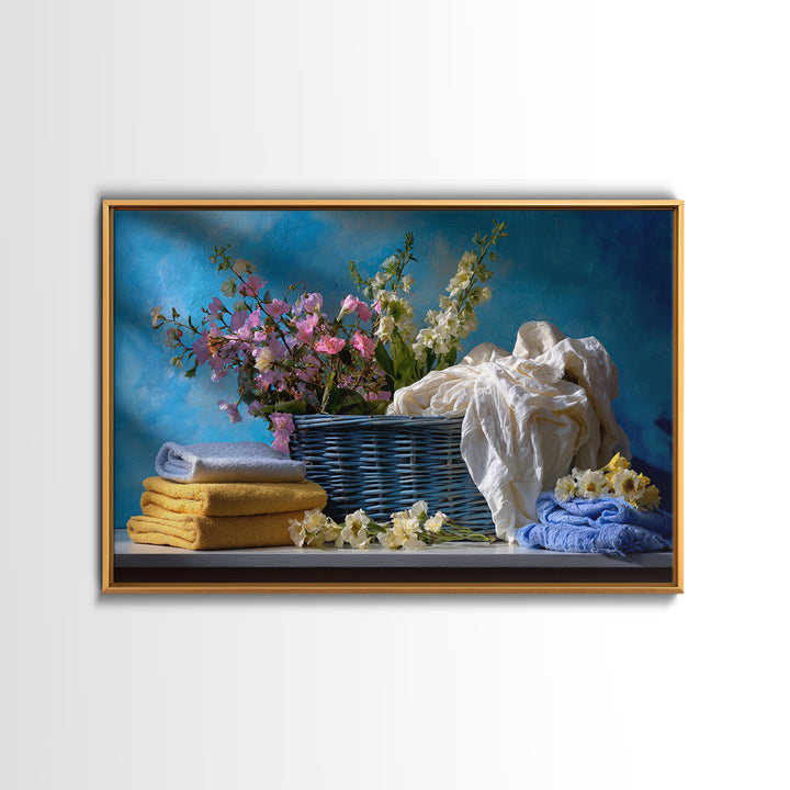 Blue Laundry Basket Framed Canvas Print, Laundry Room Art, Wall Art Print, Living Room Decor, Oil Painting, Clean, LRA-3x2-9
