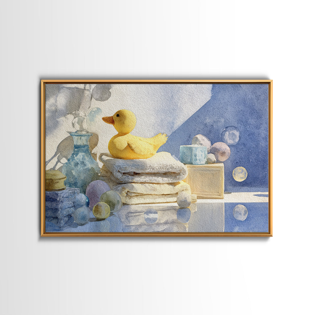 Duck and Bubbles Whimsical Watercolor Framed Canvas Print, Laundry Room Art, Painting, Living Room Decor, Oil Painting, Clean, LRA-3x2-91