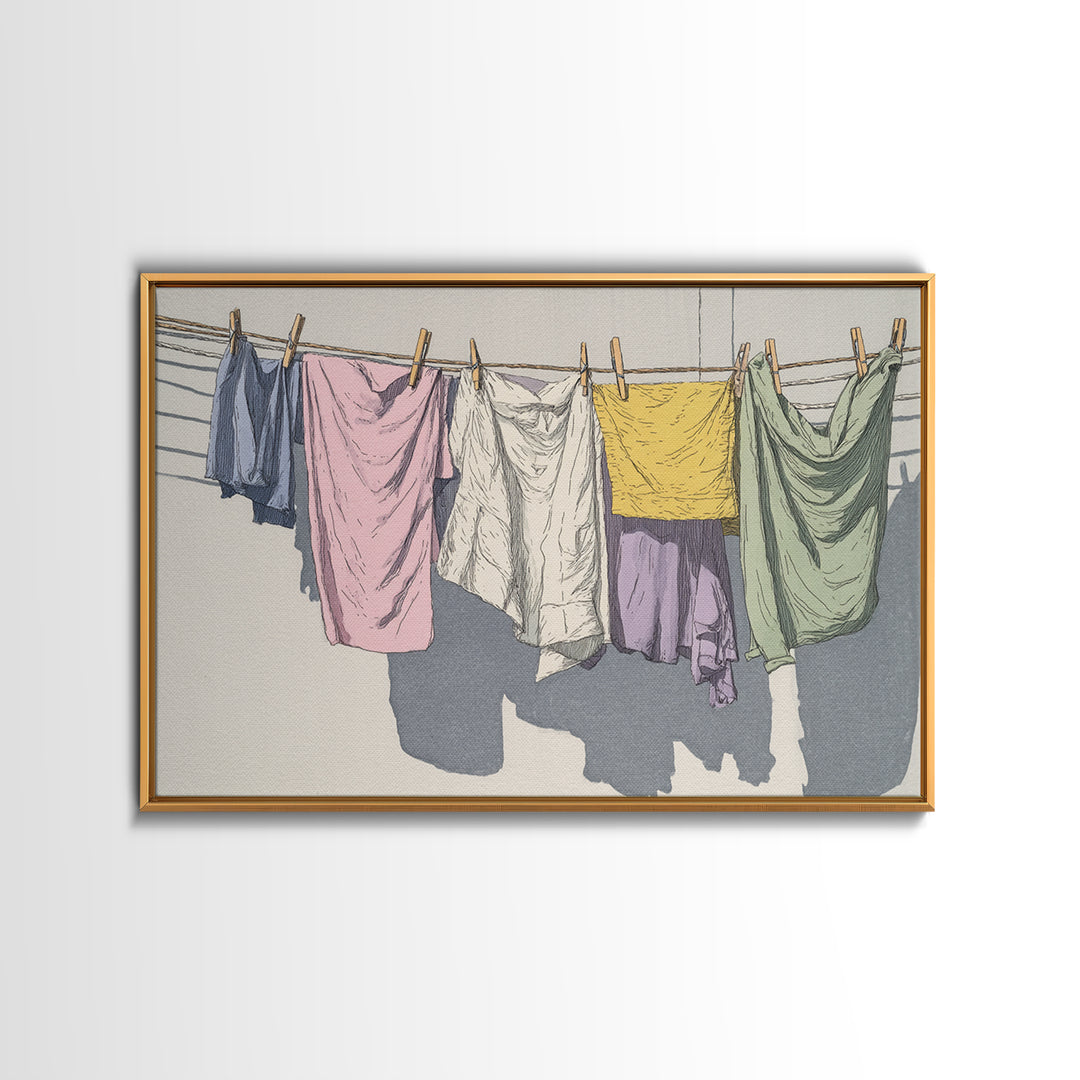 Simple Line Drawing of Hanging Laundry Framed Canvas Print, Laundry Room Art, Luxury Decor, Living Room Decor, Abstract Art, LRA-3x2-92