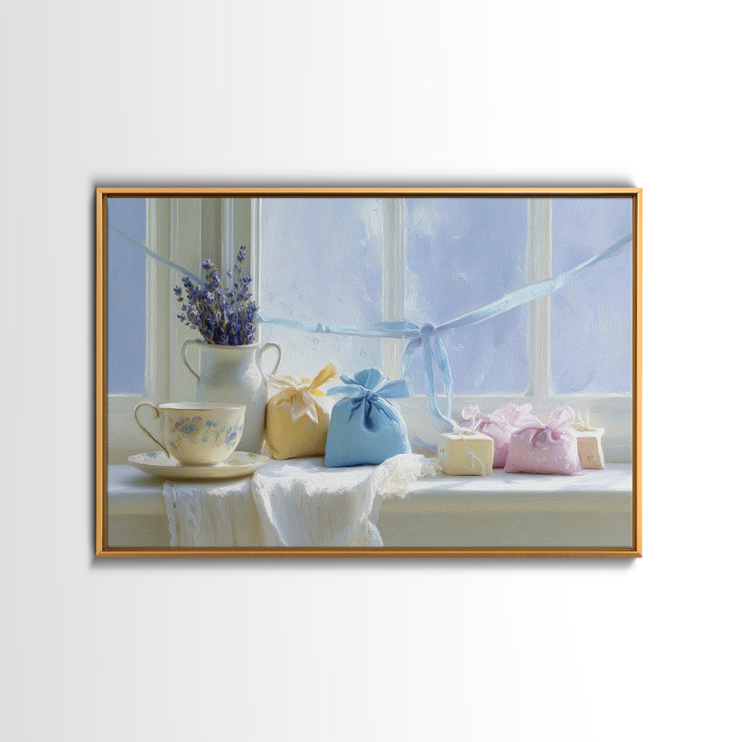 Lavender Sachet and Ribbon Still Life Canvas Print, Laundry Room Art, Digital Art Print, Living Room Decor, Fine Art, Clean, LRA-3x2-93