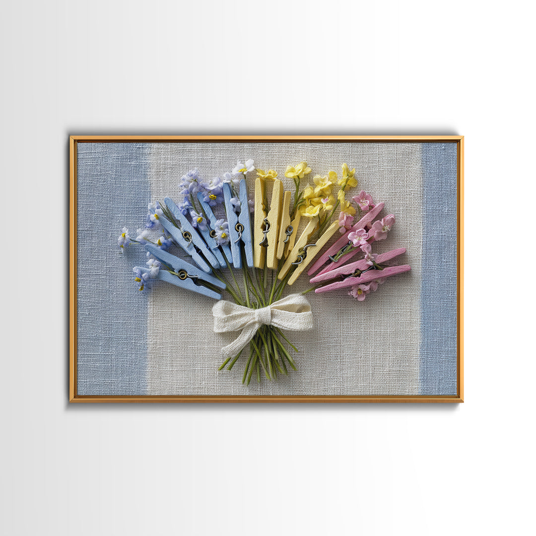 Clothespin Bouquet in Folk Art Style Framed Canvas Print, Laundry Room Art, Art Print, Living Room Decor, Fine Art, Clean, LRA-3x2-96